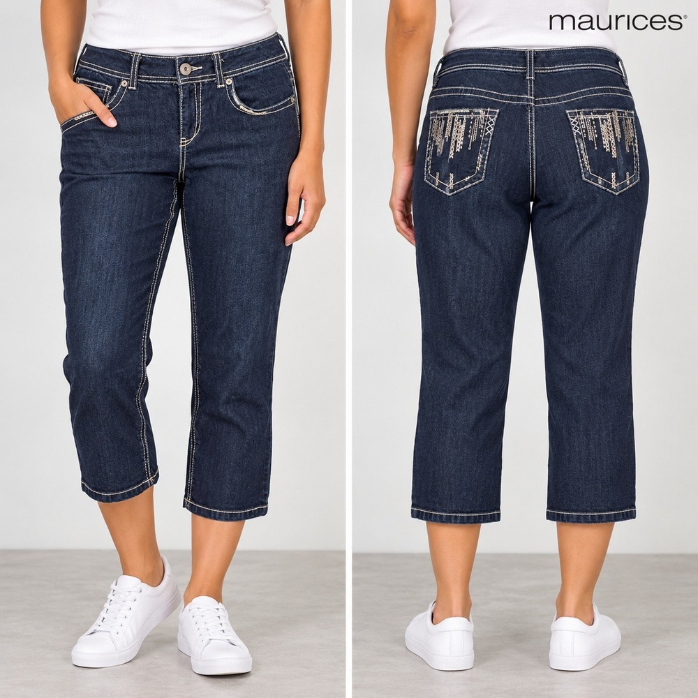 Maurices Capri Jeans Womens 11/12 Dark Wash Contrast Stitch Embroidered Stretch
